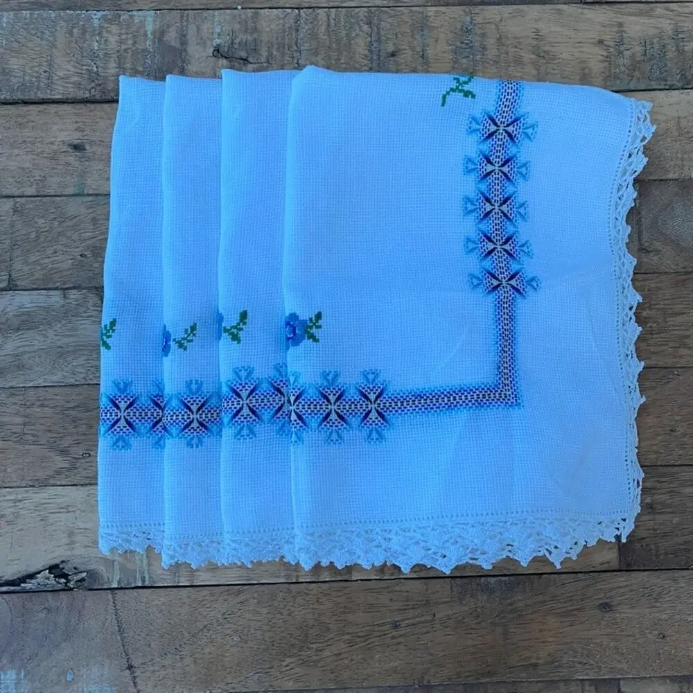 White Cotton Napkin Set (4) Handmade Blue Cross-Stitch Floral Crochet Border